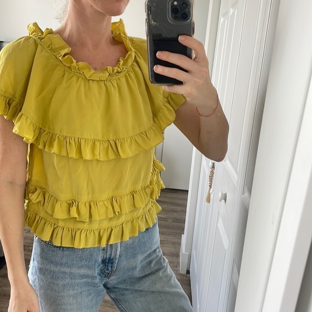Tibi Yellow Ruffle Short Sleeve Blouse